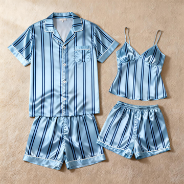 Silky Classic Striped Printed Couple Sleepwear ¨C Oecan Satin Short Pajama Set