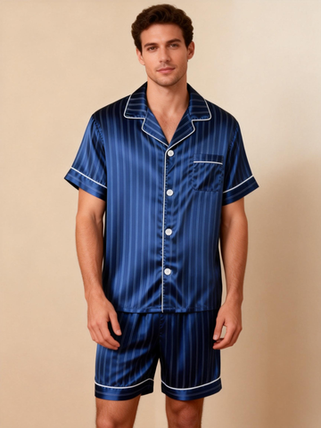 Silky Satin Striped Printed Sleep Set for Men-Royal
