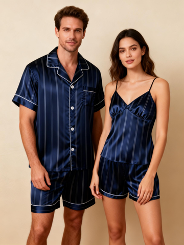 Silky Satin Striped Printed Sleep Set for Couples-Navy