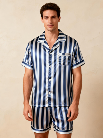 Silky Classic Striped Printed Satin Short Pajama Set-Navy