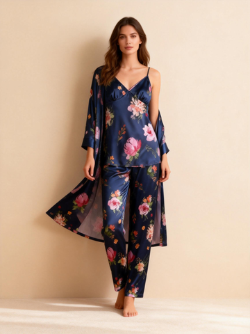 Women’s Silky Satin Homewear Set with Vintage Luxe Floral Motifs