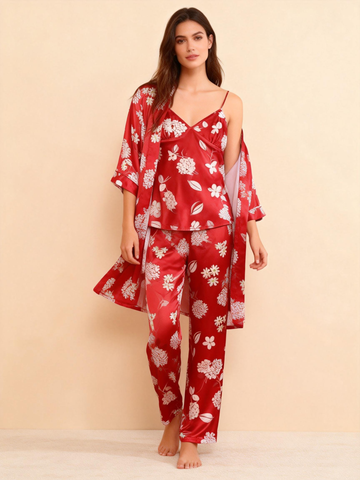 Women’s Red Silky Satin Homewear Set in Midnight Romance Style