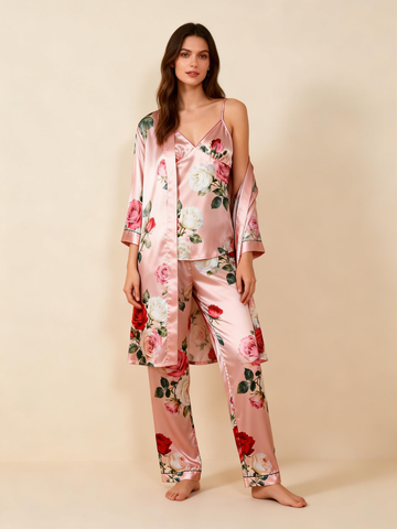 Women’s Classic Satin Pajama Set with Retro Glamour Floral Motifs