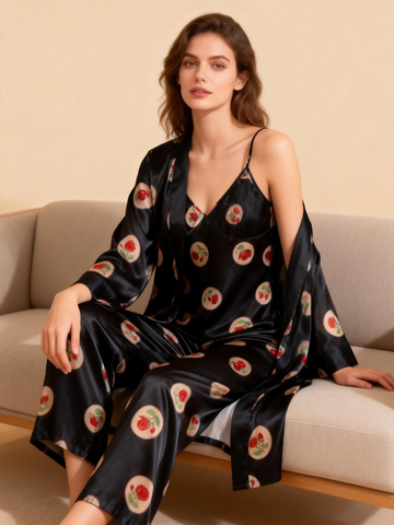 Women’s Black Silky Satin Homewear Set with Romantic Rose Illustration