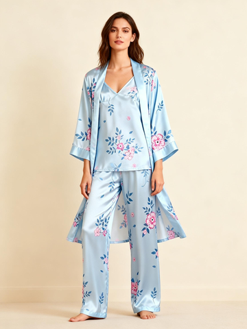 Women’s Blue Silky Satin Homewear Set with Floral Illustration