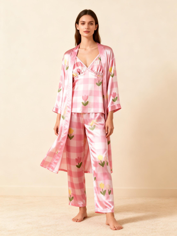 Women’s Classic Pink Plaid Satin Pajama Set with Sweet Florals