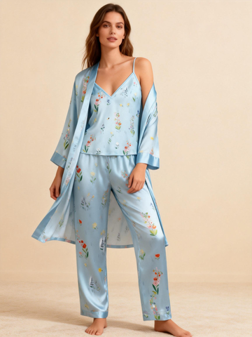 Women’s Silky Satin Homewear Set with Natural Floral Illustration