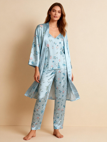 Women’s Light Blue Silky Satin Homewear Set with Floral Motifs