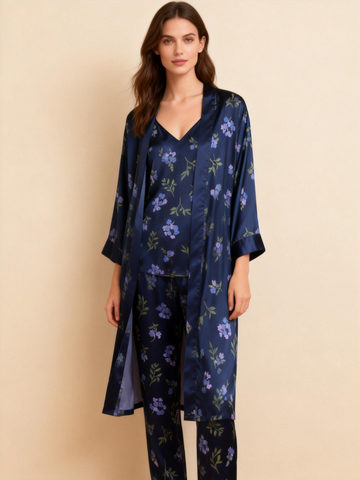 Women’s Silky Satin Homewear Set with Purple Blossoms Motifs