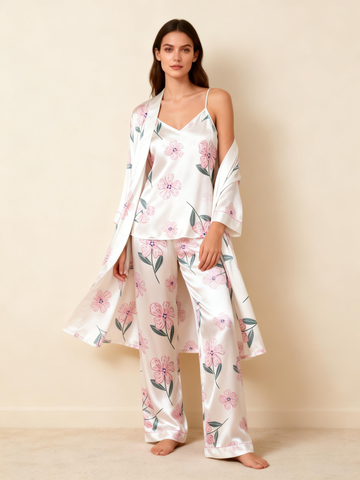 Women’s Satin 3-Piece Loungewear Set in Elegant Pink Florals Style