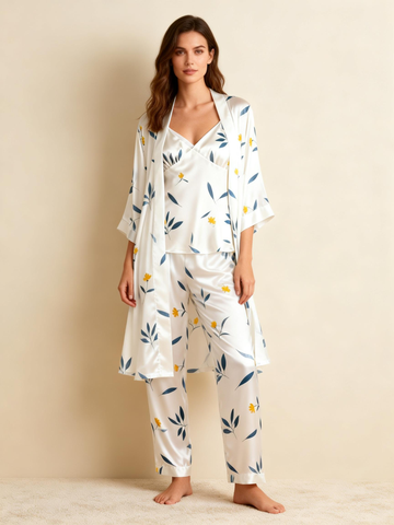 Women’s Classic Satin Pajama Set with Botanical Leaves Motifs
