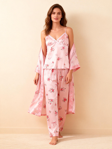 Women’s Pink Silky Satin Homewear Set with Romantic Floral Motifs