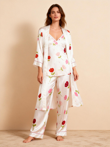 Feminine Satin Pajama Trio with Soft Floral Details