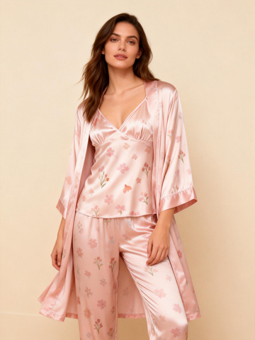 Silky Satin 3-Piece Pink Nightwear Set with Florals Design