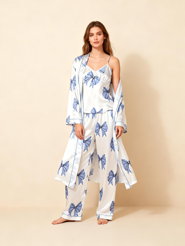 3-Piece Satin Nightwear Set with Lovely Bowknot Pattern