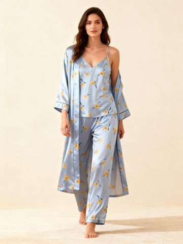 Women’s Blue Silky Satin Homewear Set with Yellow Floral Motifs