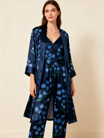 Women’s Silky Satin Homewear Set with Blue Blossoms Motifs