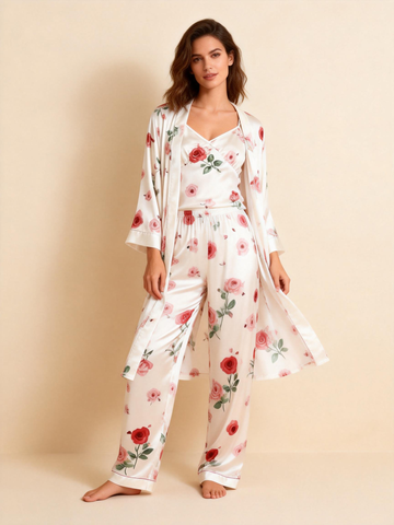 Women’s Satin 3-Piece Loungewear Set in Romantic Vintage Floral Style