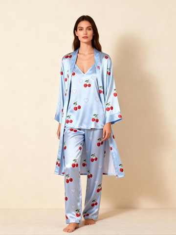 Women’s Classic Blue Satin Pajama Set with Cherry Motifs
