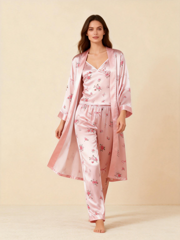 Women’s Pink Silky Satin Homewear Set in Blossoms Style