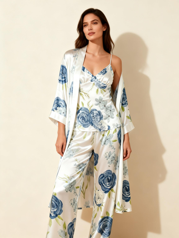 Women’s Satin 3-Piece Loungewear Set in Watercolor Floral Style