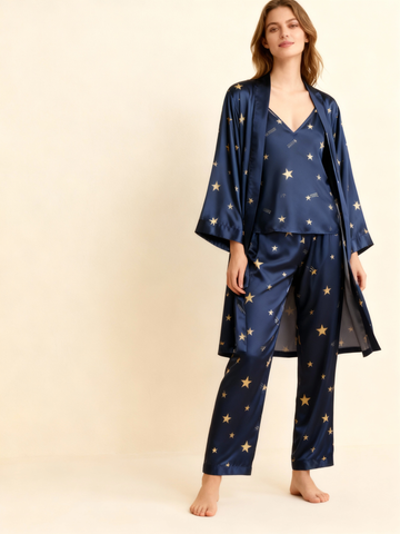 Women’s Navy Silky Satin Homewear Set with Star Motifs