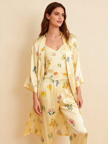 Silky Satin 3-Piece Yellow Nightwear Set with Tiny Florals Design