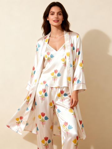 Women’s Classic Satin Pajama Set with Colorful Floral Motifs