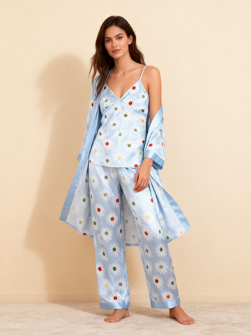Women’s Light Blue Silky Satin Homewear Set with Daisy Floral Motifs