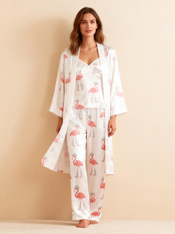 3-Piece Satin Nightwear Set with Pink Flamingo Pattern