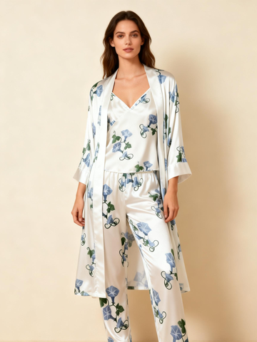 Women’s Silky Satin Homewear Set with Blue Morning Glory Blooms