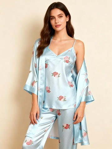 Women’s Light Blue Silky Satin Homewear Set with Rose Illustration