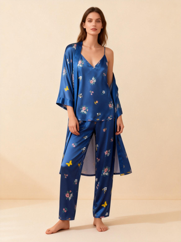 Women’s Navy Silky Satin Homewear Set with Soft Pastel Blossoms Motifs
