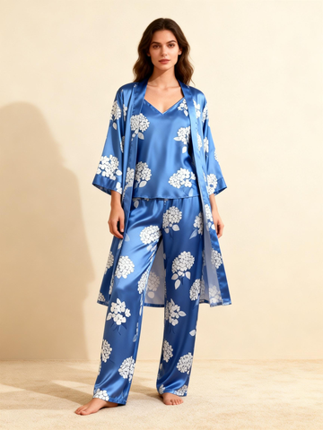 Women’s Blue Silky Satin Homewear Set with White Floral Motifs