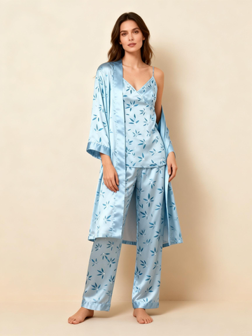 Women’s Light Blue Silky Satin Homewear Set with Leaf Motifs