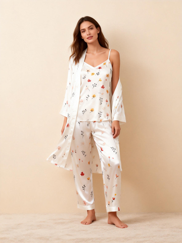 Women’s Satin 3-Piece Loungewear Set in Mini Blossoms Style