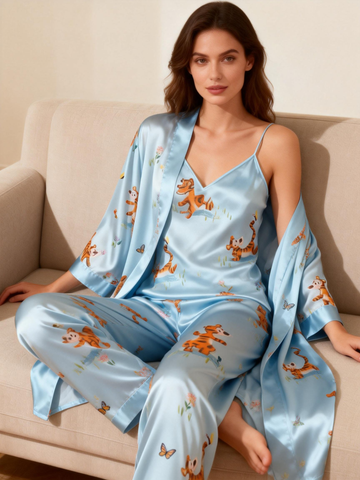 Silky Satin 3-Piece Pale Blue Nightwear Set with Playful Animal Design