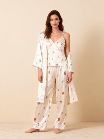 Women’s Classic Satin Pajama Set with Cute Florals Motifs