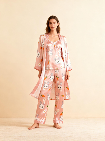 Women’s Satin 3-Piece Loungewear Set in Cute Rabbit & Carrot Style