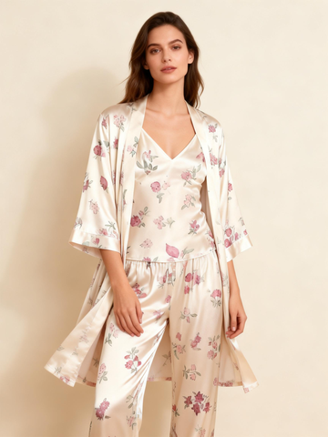 Women’s Silky Satin Homewear Set with Pink Floral Motifs