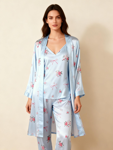 Sweet Bowknot & Florals Design Feminine Satin Pajama Trio