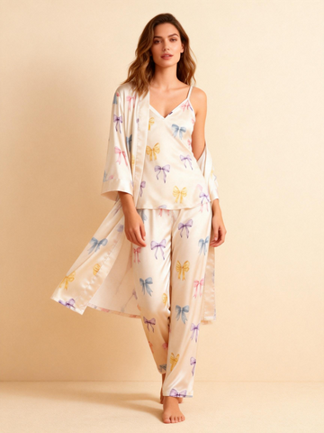 Women’s Silky Satin Homewear Set with Dreamy Bowknot Motifs