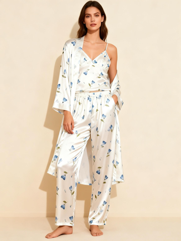 Women’s Silky Satin Homewear Set with Watercolor Blue Floral Motifs