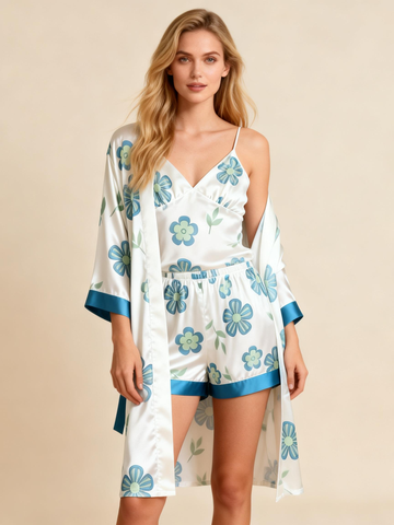 Women’s Premium Satin Sleep Set with Bloom Floral Pattern