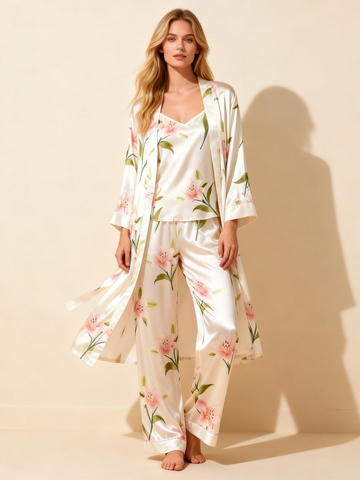 Women's 3-Piece Lily flower Print Satin Loungewear