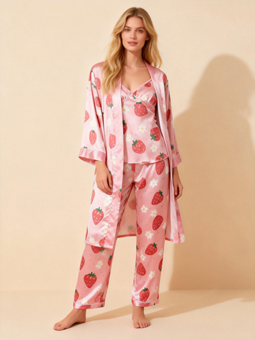 Satin 3-Piece Cute Strawberry Sleepwear Set for Women