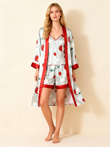 Cute Strawberry Motif 3-Piece Satin Lounge Set for Women