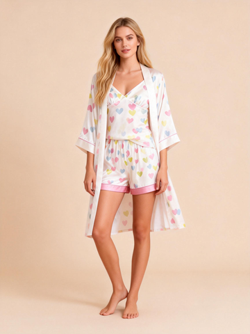 Women’s Premium Satin Sleep Set with Colorful Heart Shape