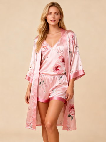 Elegant Satin 3-Piece Loungewear Set with Pink Rose Design
