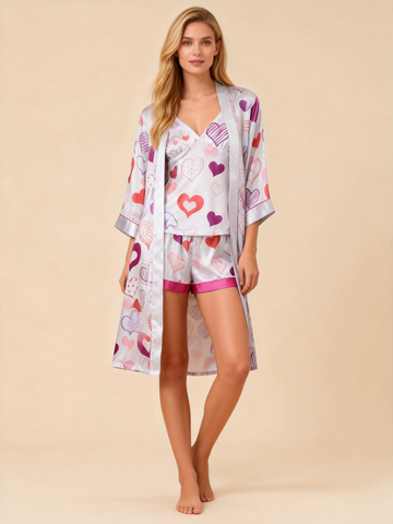 Satin 3-Piece Loungewear Set with Elegant Heart Pattern
